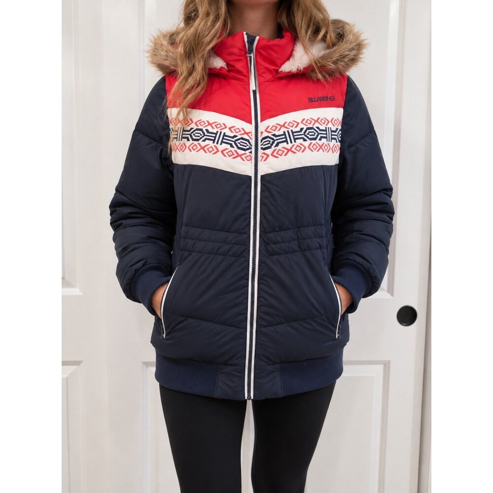 Billabong Womens XS Puffer Jacket Sherpa Lined Faux Fur Hood Red Navy NWT